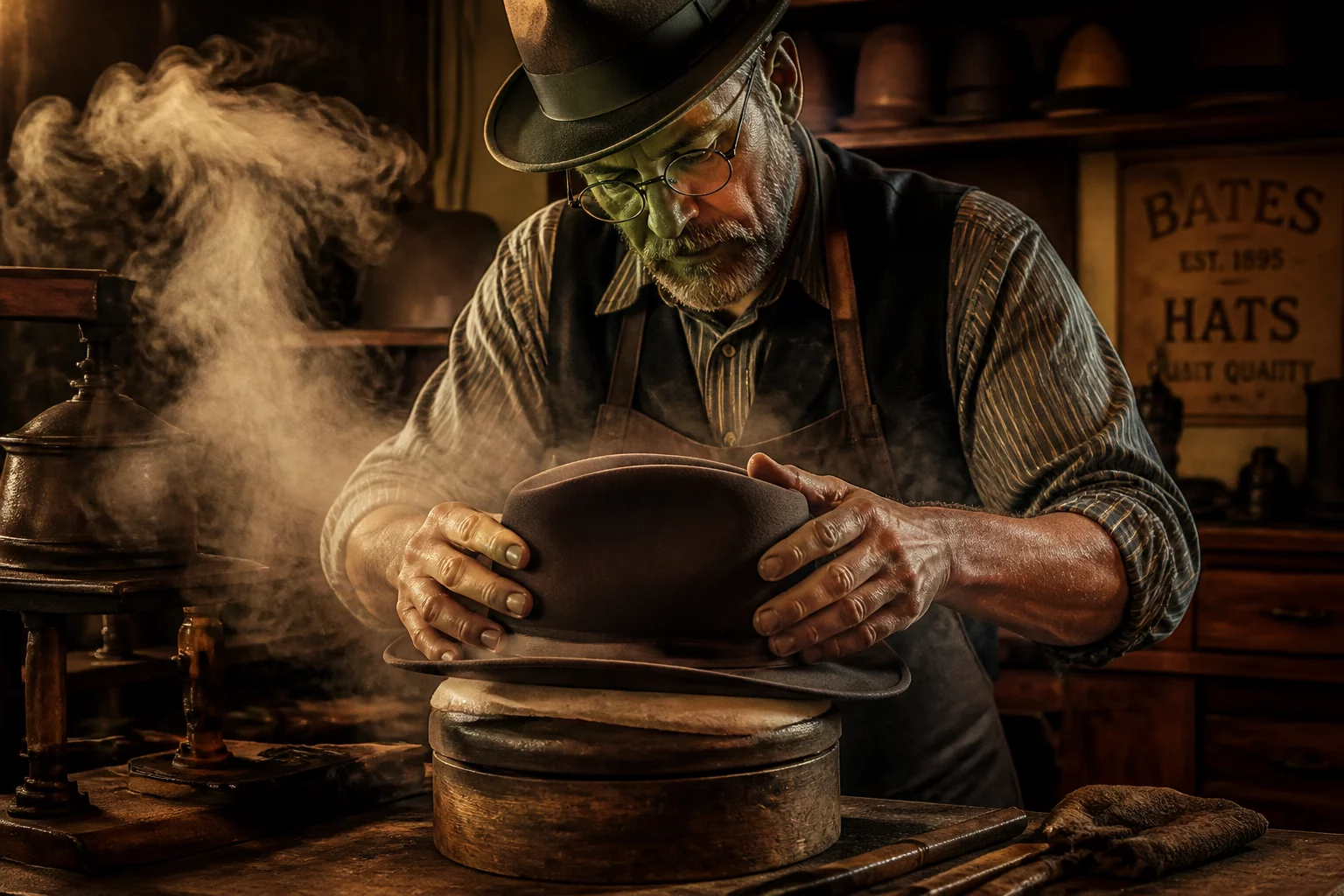 Artisan shaping a fine wool felt hat in the workshop