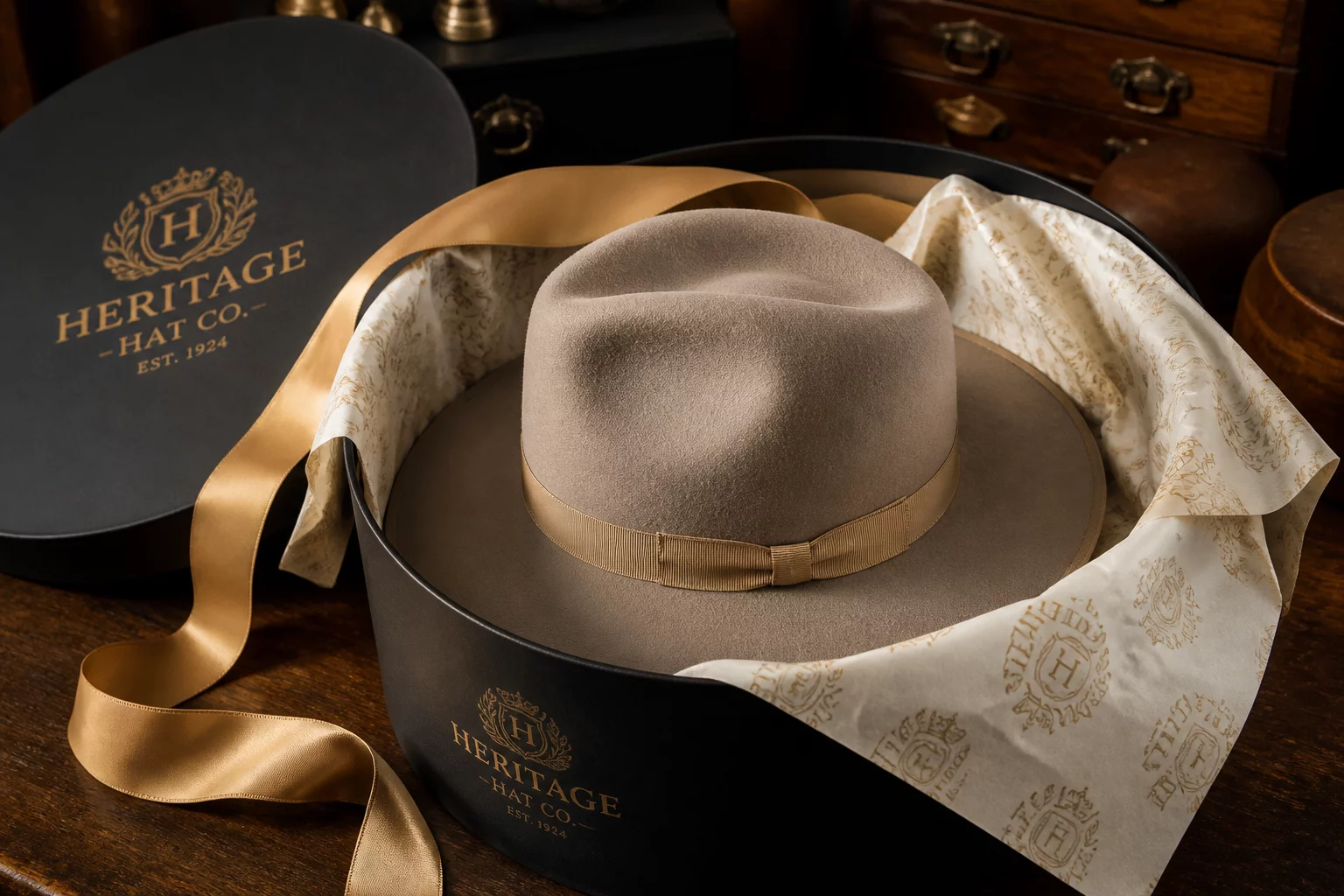 Artisan hat protective packaging with custom archival box and branded ribbon